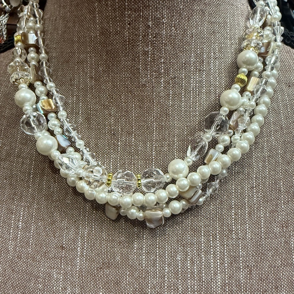 Premier Designs Pearl and Crystal Necklace with Gold Highlights